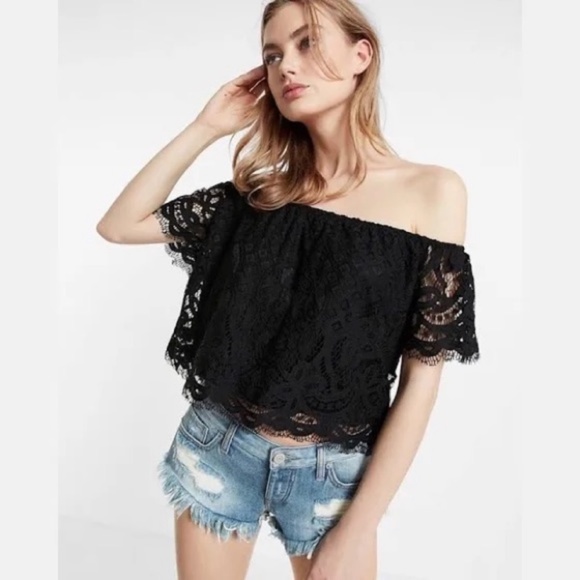 Express Tops - Express lace off the shoulder crop top - black - large